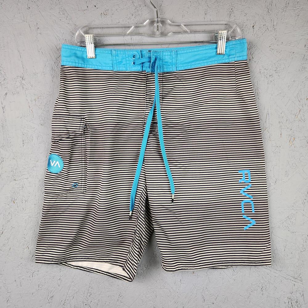 RVCA Boardshorts Mens 30 Black White Stripe Blue Waist Classic Swim Graphic Logo